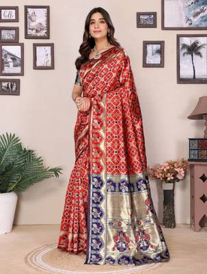 Red silk blend banarasi saree with blouse 4