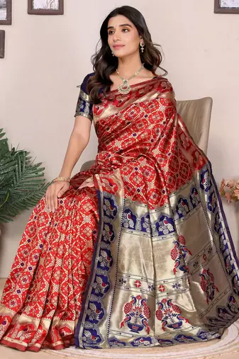 Red silk blend banarasi saree with blouse