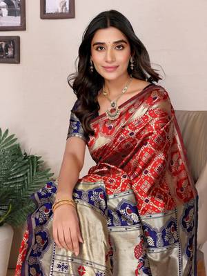Red silk blend banarasi saree with blouse 1