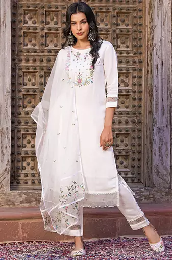 White viscose chanderi embroidered kurta set