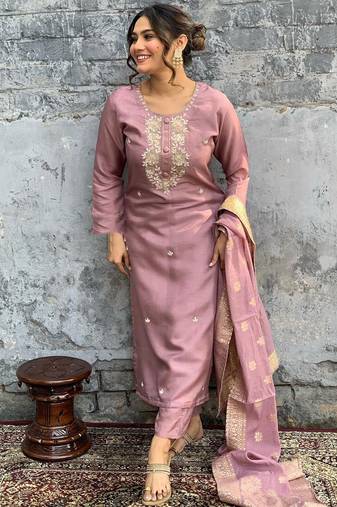 Lilac viscose chanderi embroidered ready made kurta set