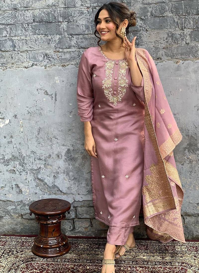 Lilac viscose chanderi embroidered ready made kurta set