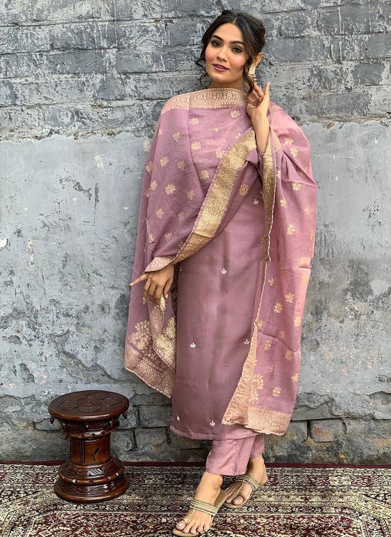 Lilac viscose chanderi embroidered ready made kurta set