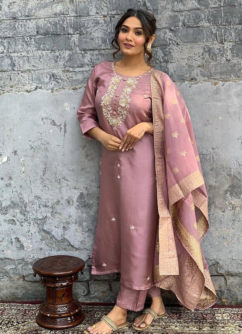 Lilac viscose chanderi embroidered ready made kurta set