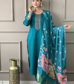 Turquoise chanderi embrodiered ready made suit