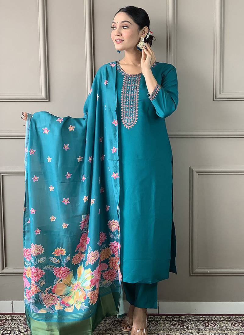 Turquoise chanderi embrodiered ready made suit