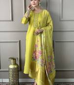 Parrot green chanderi embrodiered ready made suit