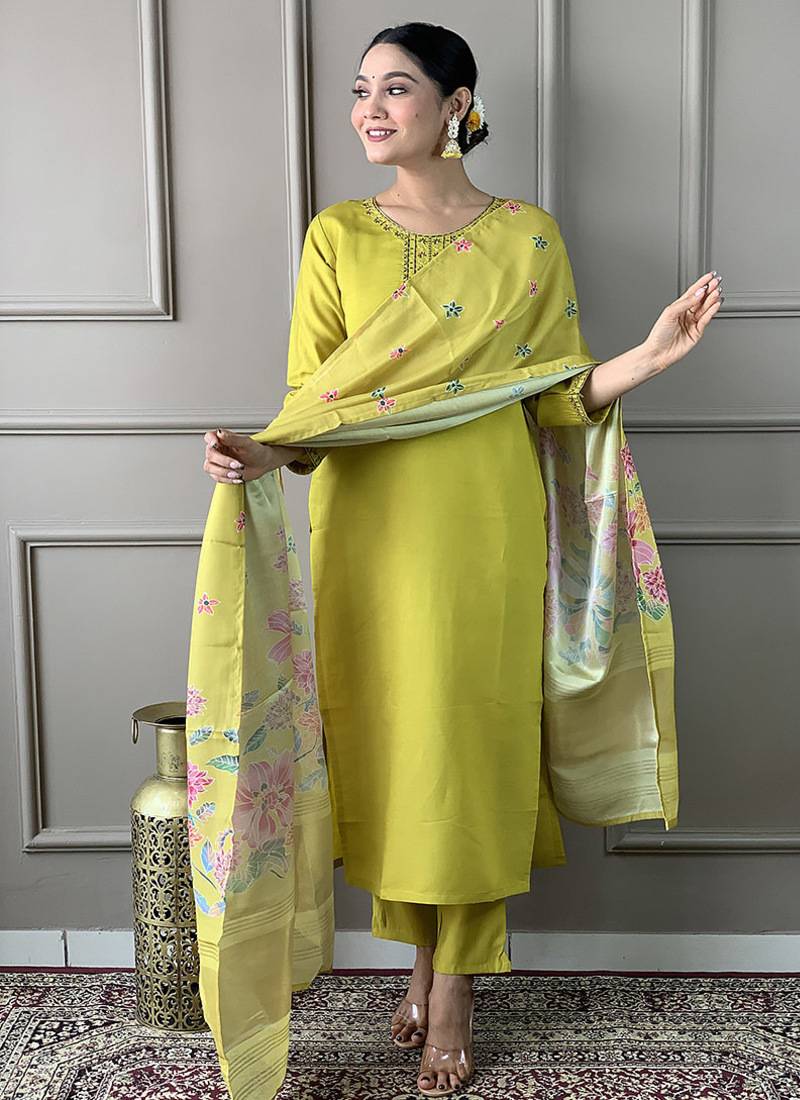 Parrot green chanderi embrodiered ready made suit