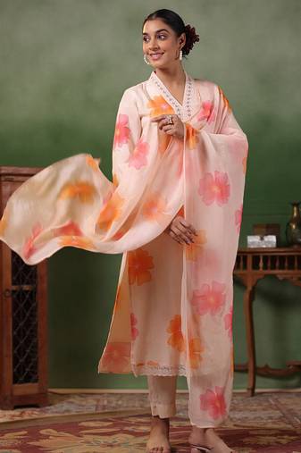 Light peach french crepe printed sttiched straight suit