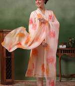 Light peach french crepe printed sttiched straight suit