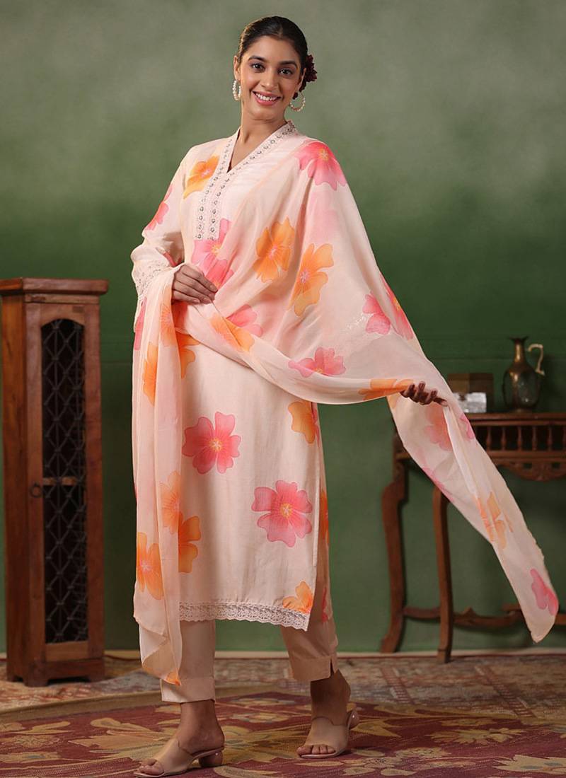 Light peach french crepe printed sttiched straight suit