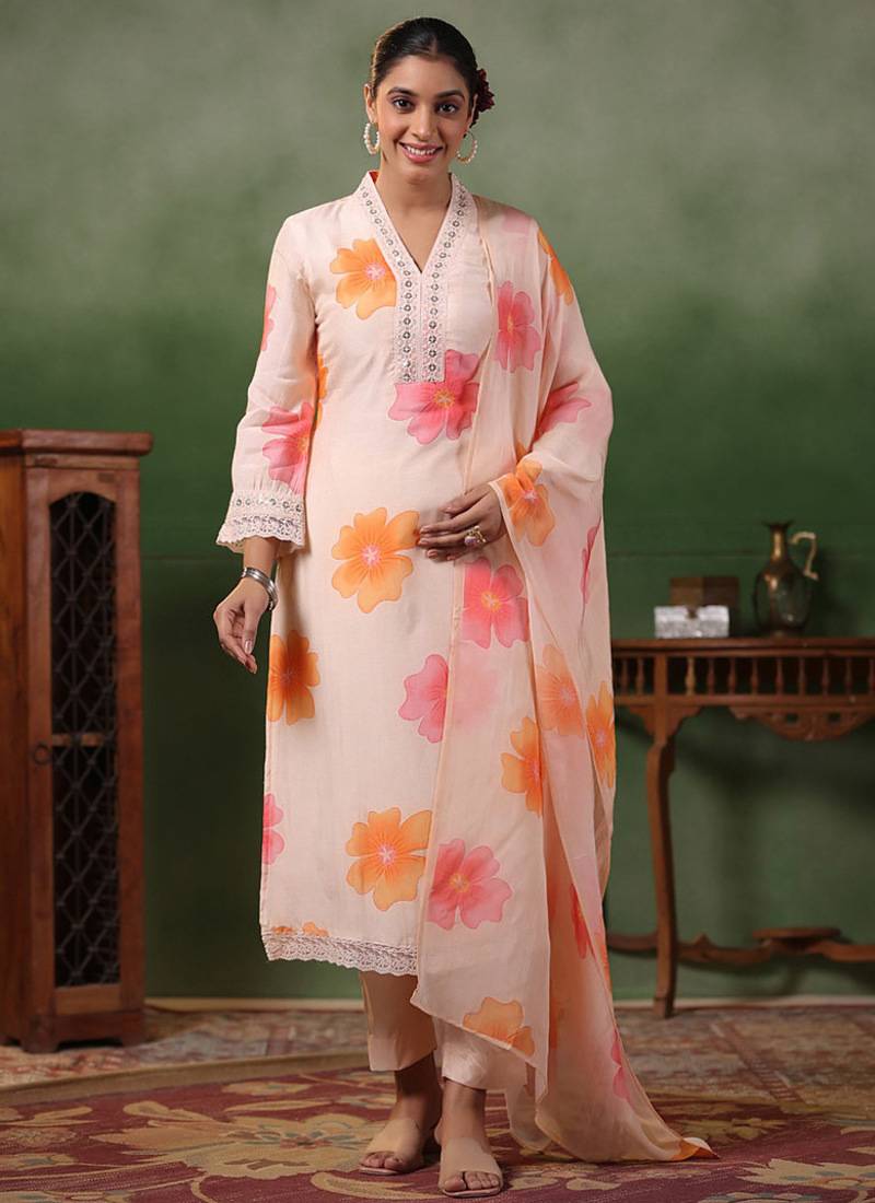 Light peach french crepe printed sttiched straight suit
