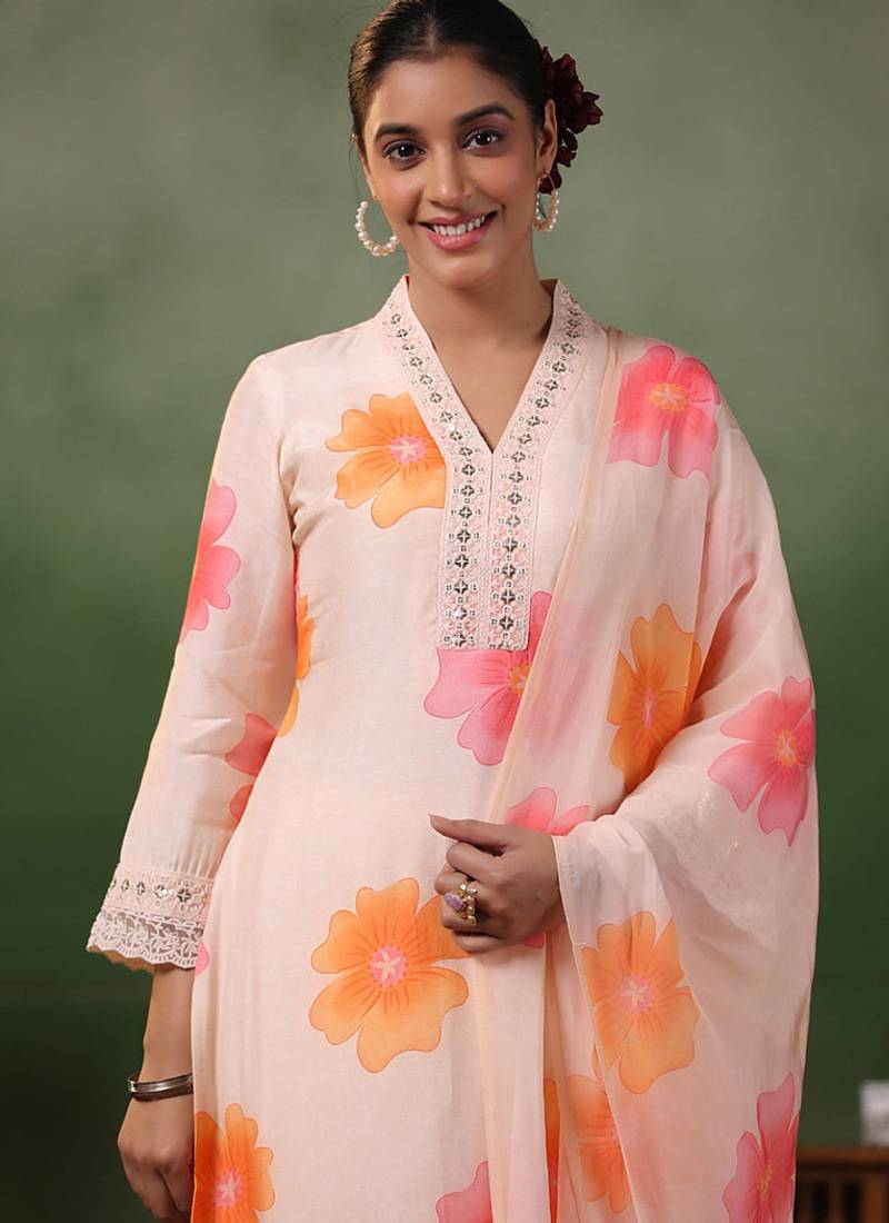 Light peach french crepe printed sttiched straight suit