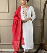White viscose chanderi embroidered ready made kurta set