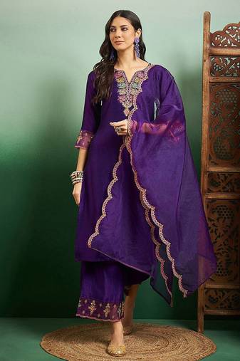 Purple color chanderi embroidered palazzo suit