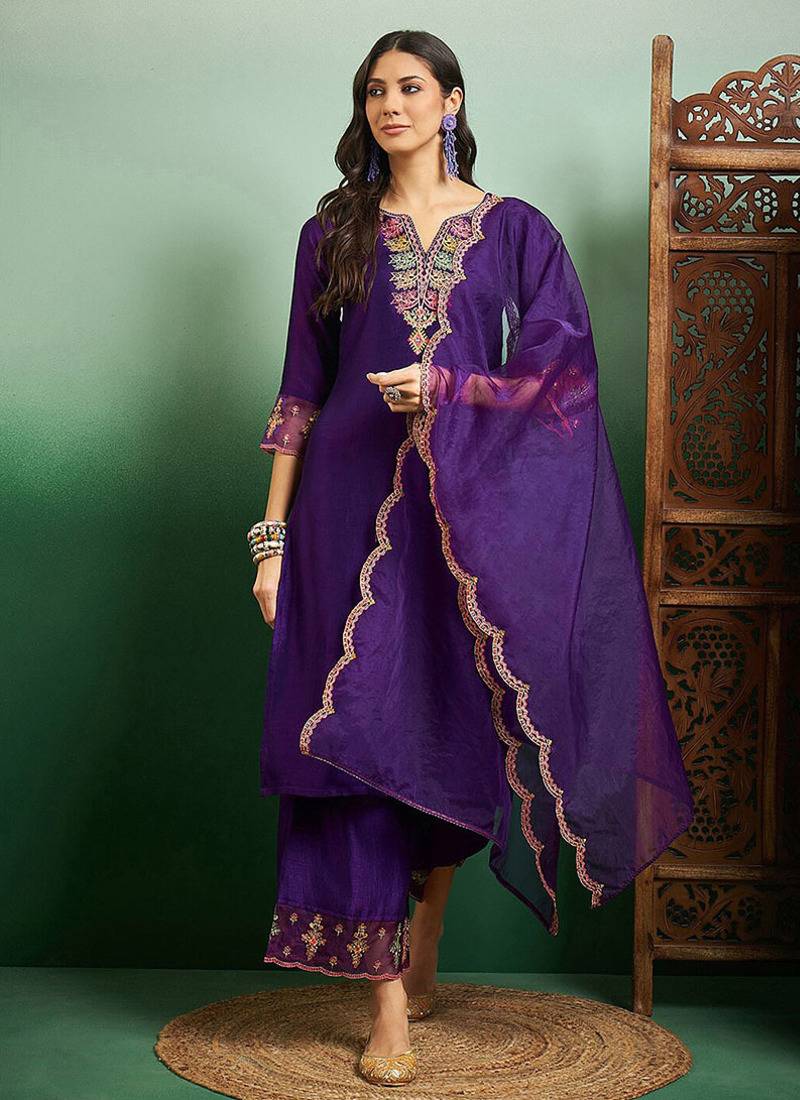 Purple color chanderi embroidered palazzo suit