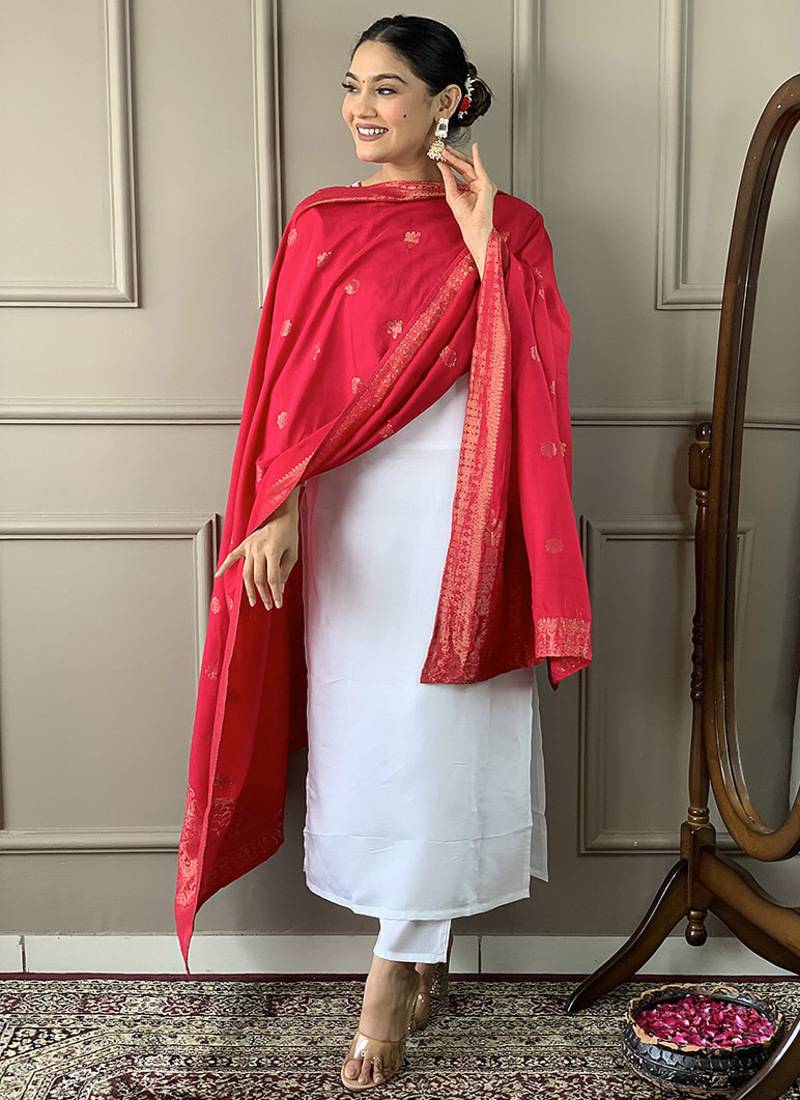 White viscose chanderi embroidered ready made kurta set