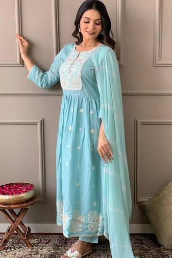 Sky blue chanderi embroidered a line kurta set