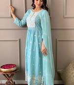Sky blue chanderi embroidered a line kurta set