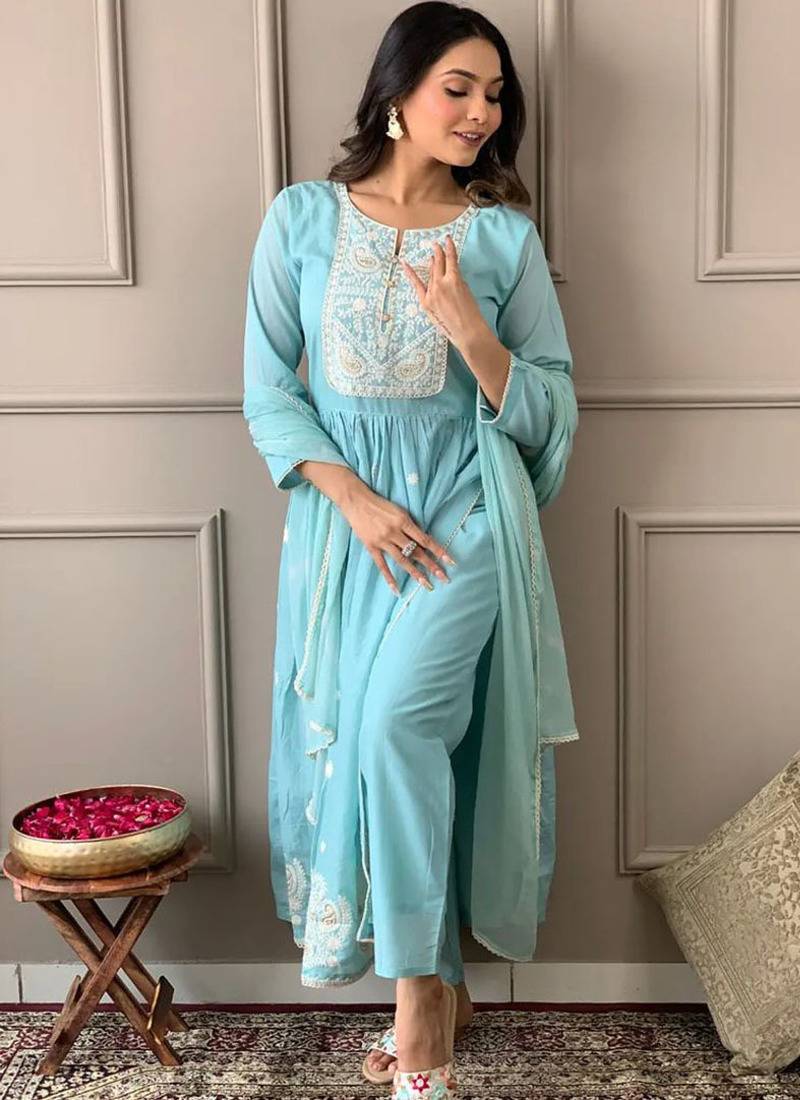 Sky blue chanderi embroidered a line kurta set