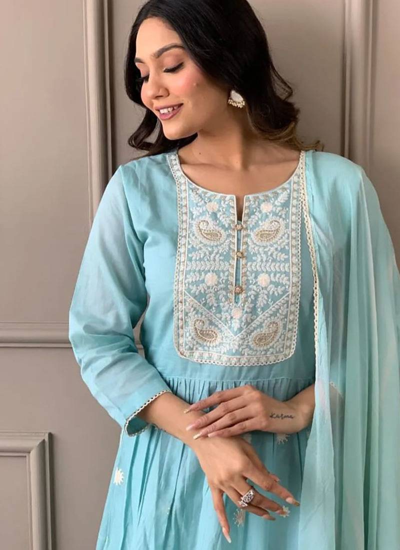 Sky blue chanderi embroidered a line kurta set