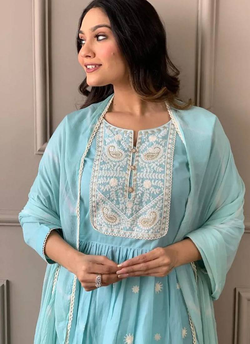 Sky blue chanderi embroidered a line kurta set