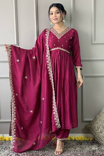 Rani pink color vichitra embroidered  anarkali suit