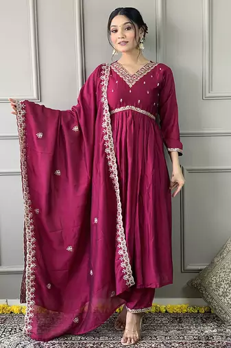 Rani pink color vichitra embroidered  anarkali suit