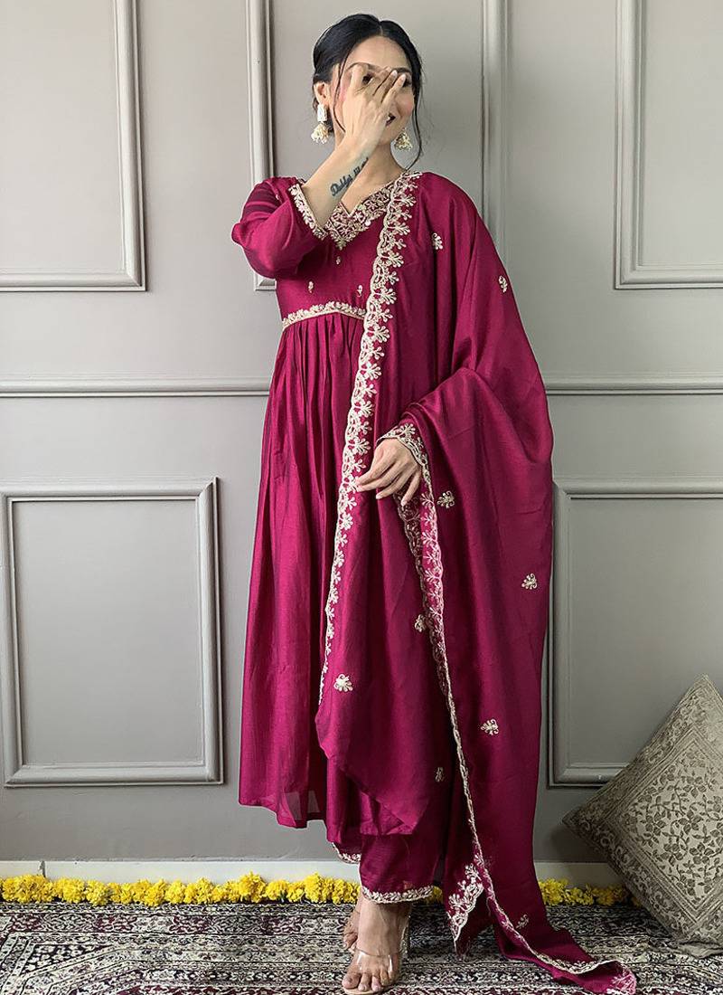 Rani pink color vichitra embroidered  anarkali suit