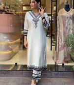 White color viscose rayon printed sttiched suit