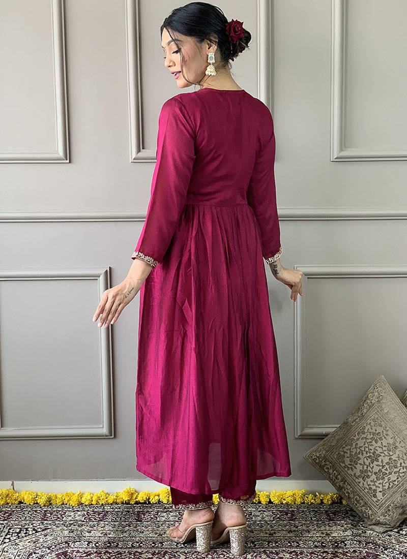 Rani pink color vichitra embroidered  anarkali suit