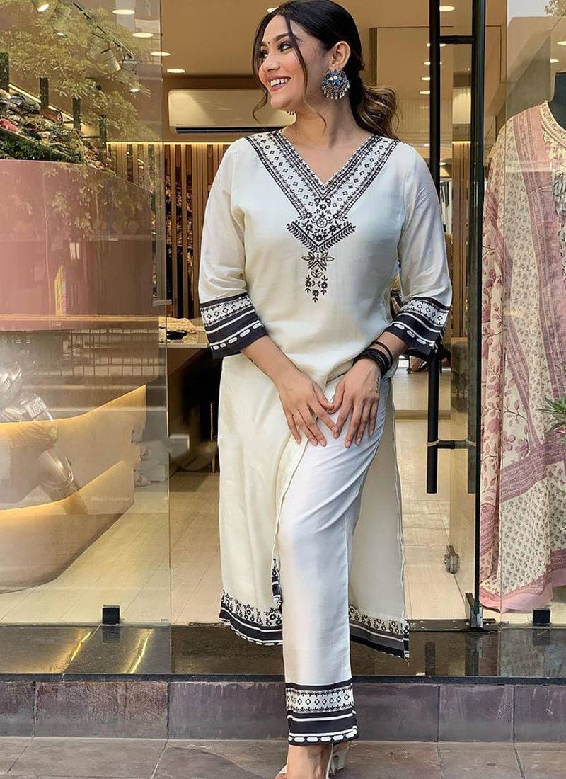 White color viscose rayon printed sttiched suit