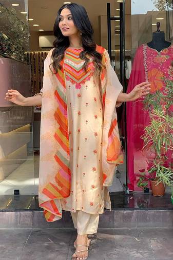 Beige color crepe printed sttiched suit