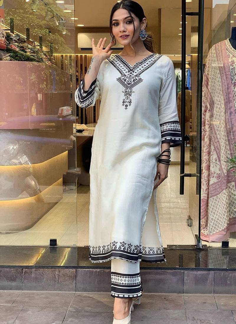 White color viscose rayon printed sttiched suit