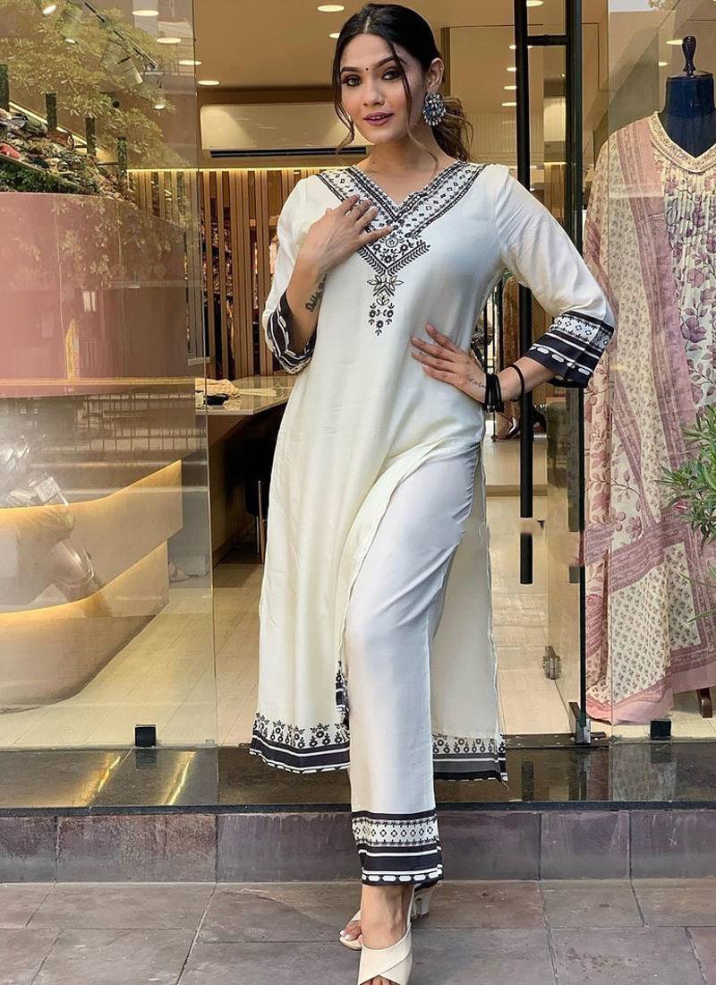 White color viscose rayon printed sttiched suit