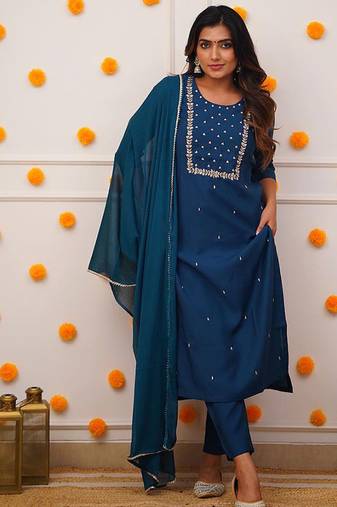 Rayon embroidered kurta set in teal blue