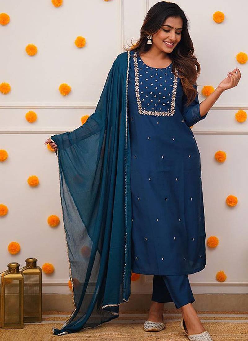 Rayon embroidered kurta set in teal blue