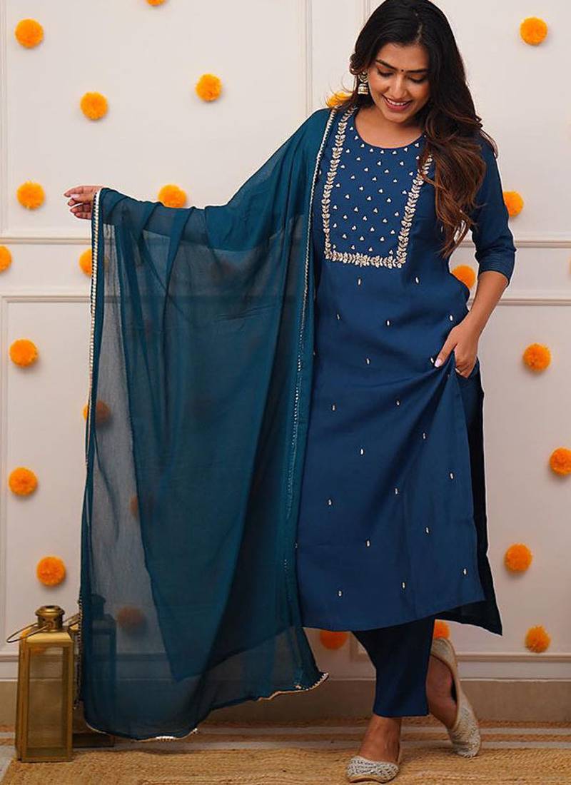 Rayon embroidered kurta set in teal blue