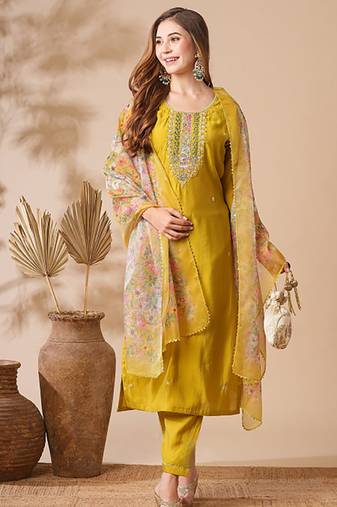 Chanderi cotton embrodiered sttiched suit in mustard