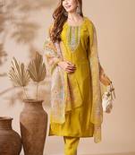 Chanderi cotton embrodiered sttiched suit in mustard