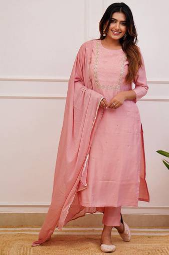 Rayon embroidered kurta set in light pink