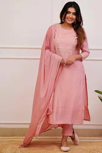 Rayon embroidered kurta set in light pink