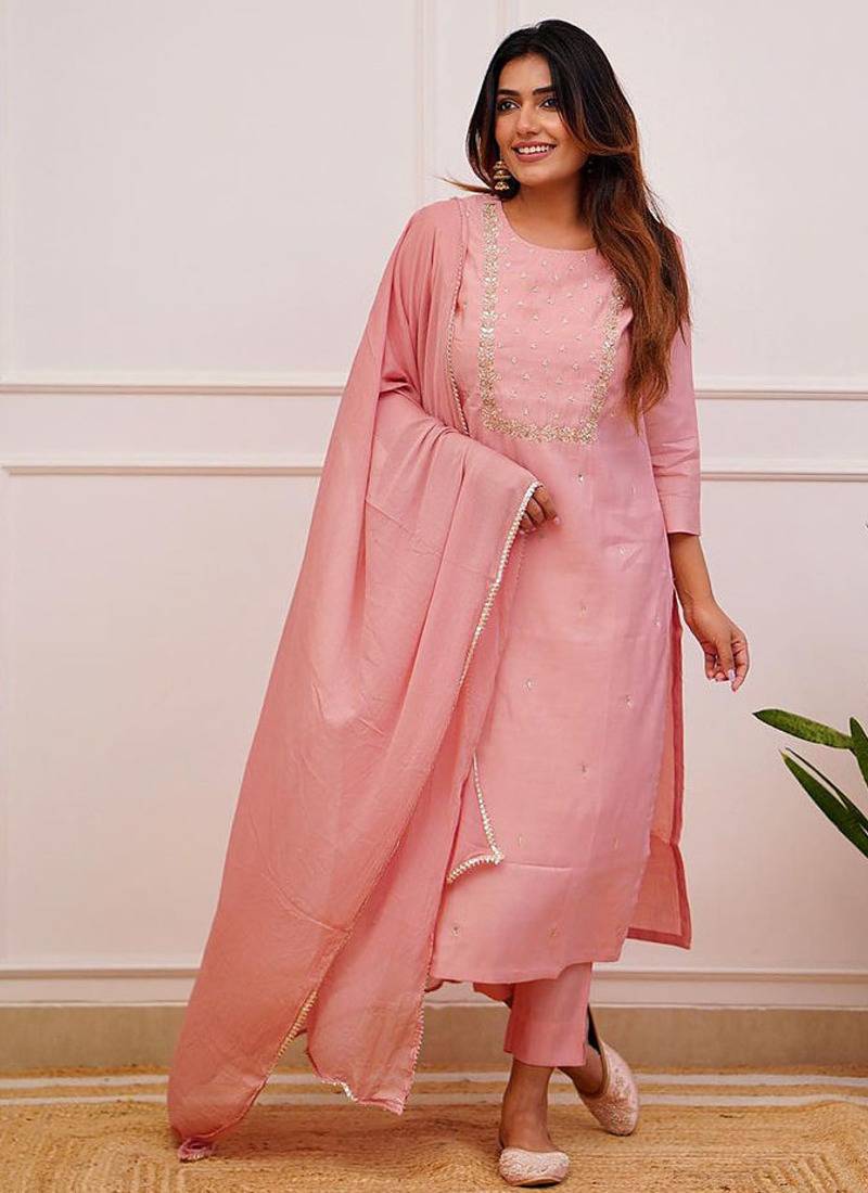 Rayon embroidered kurta set in light pink