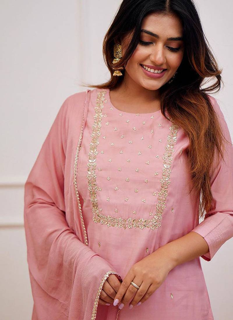 Rayon embroidered kurta set in light pink
