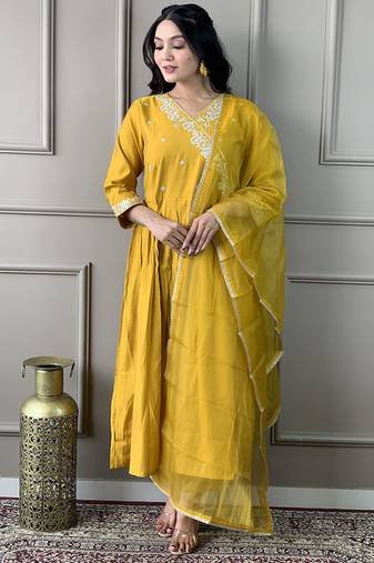 Mustard viscose chanderi anarkali sttiched suit