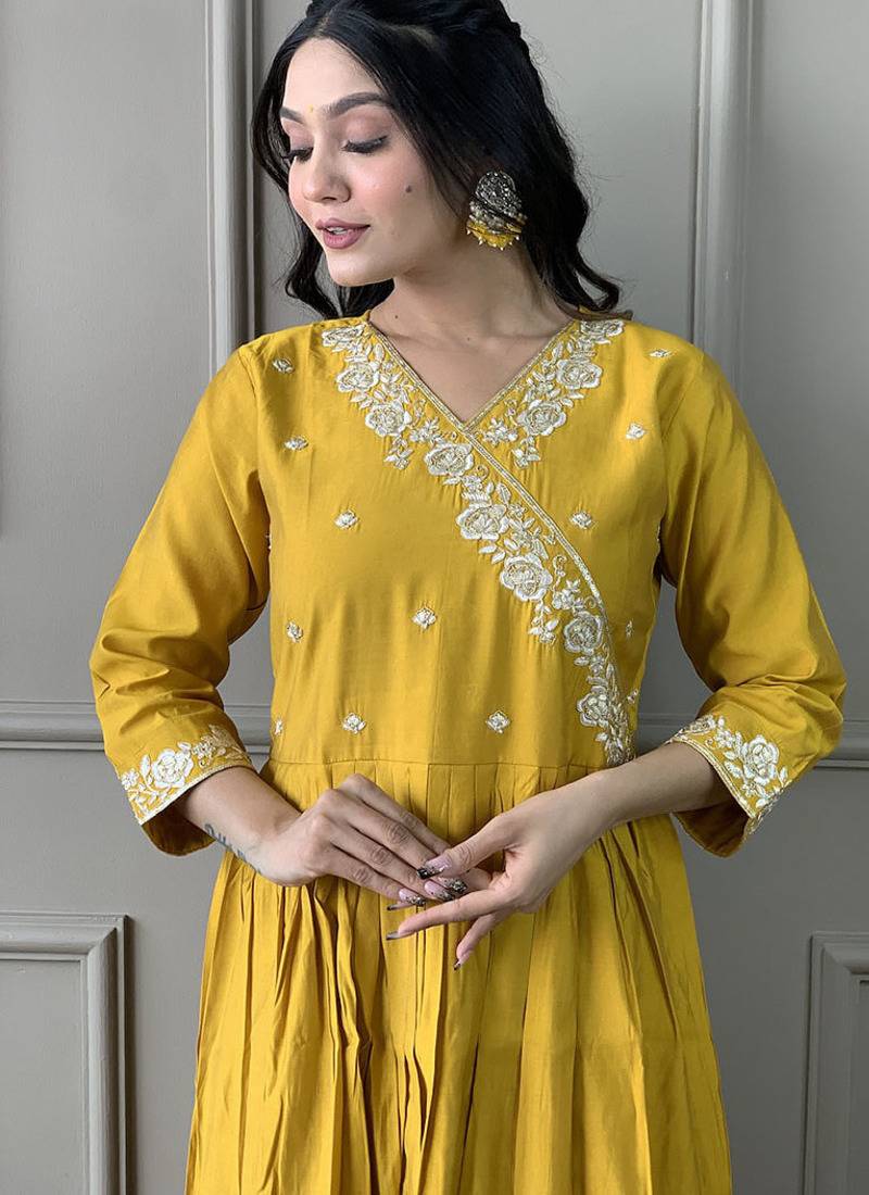 Mustard viscose chanderi anarkali sttiched suit