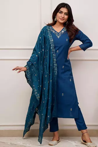 Teal blue color chanderi viscose sttiched kurta set
