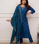 Teal blue color chanderi viscose sttiched kurta set