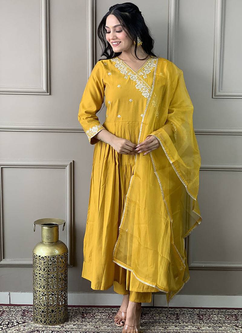 Mustard viscose chanderi anarkali sttiched suit
