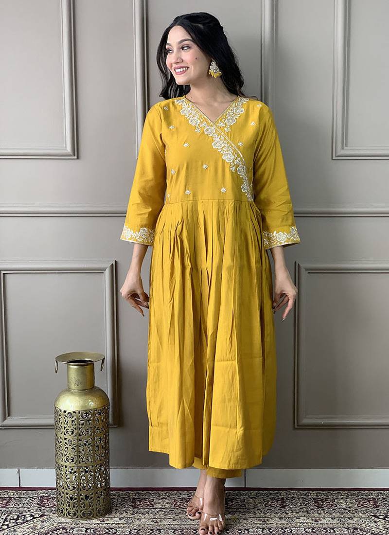 Mustard viscose chanderi anarkali sttiched suit